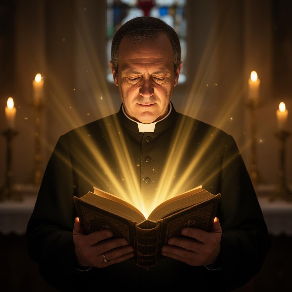 Padre segurando livro sagrado com luz divina